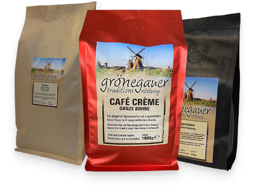 Drei Kaffeepackungen der Grönegauer Traditionsröstung