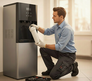 Servicetechniker bei der Wartung eines Wasserspenders