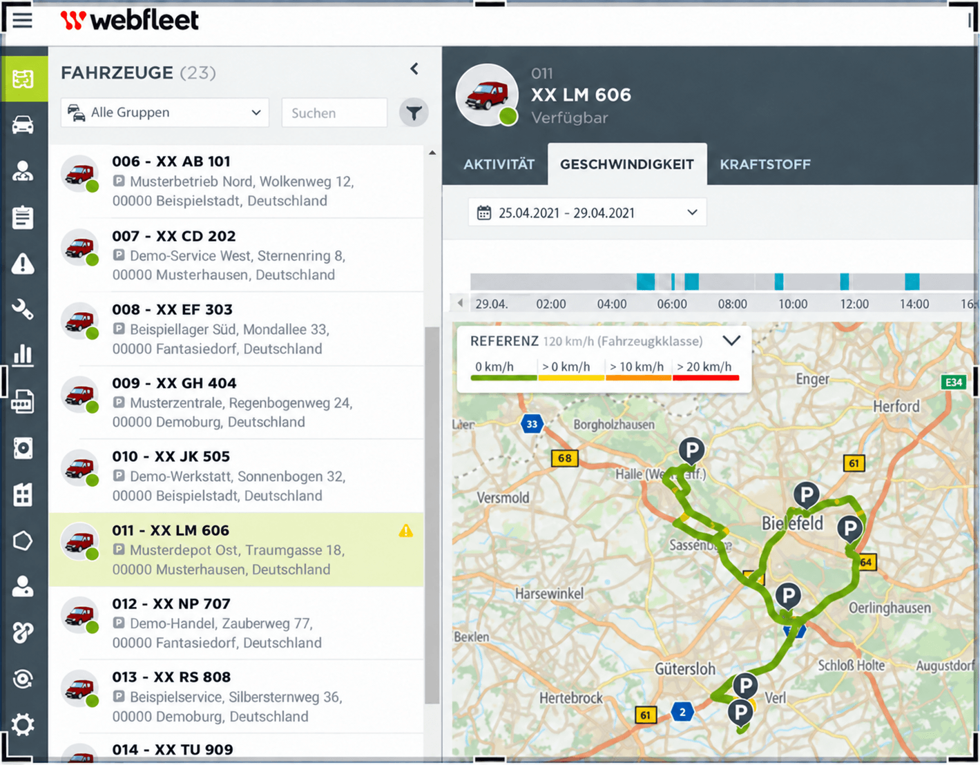 Ansicht des Flottenmanagementsystems mit Fahrzeugübersicht und Karte